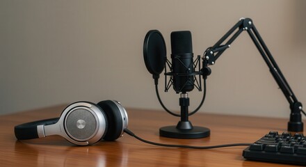 Setting Up Podcast Equipment with Microphone and Headphones on Desk