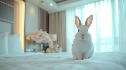 Adorable White Rabbit on Bed in Modern Bedroom
