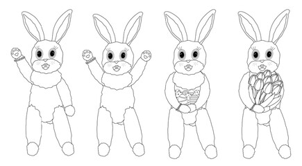 Set of four Black and White adorable anthropomorphic Easter bunny coloring page with cute poses and accessories. Ideal for kids and festive holiday activities.
