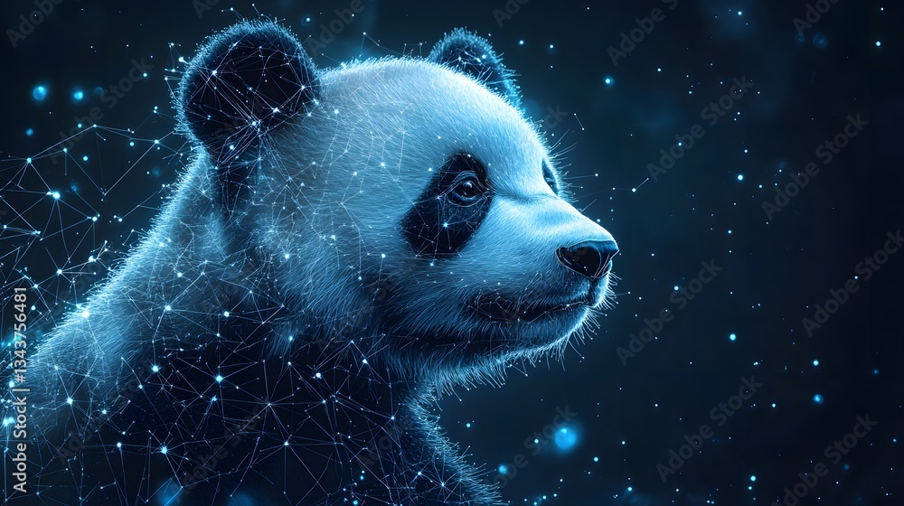 Poster A stunning digital portrait of a panda, rendered with intricate network lines and a cosmic backdrop. Animal star constellation. Sky zodiac horoscope background