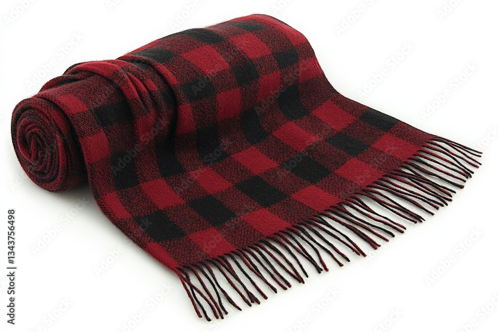 Poster cozy red and black checkered blanket rolled up on a white surface in a warm, inviting setting perfec