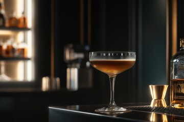 sophisticated cocktail served in a vintage coupe glass with golden amber tones on a reflective bar counter in a stylish dimly lit lounge with warm lighting