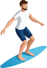 Fototapeta premium 3D Surfer Riding Wave vector illustration. Realistic Surfing Athlete Vector. Surfer Balancing on Board 3D Illustration