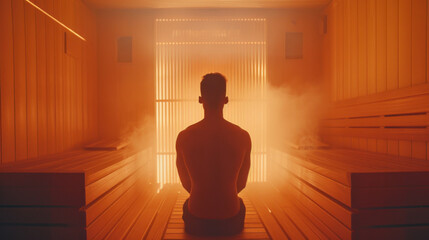 Back view of man in modern steam sauna with warm lighting
