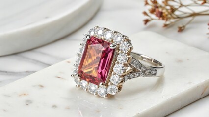 Pink gemstone ring with diamond accents