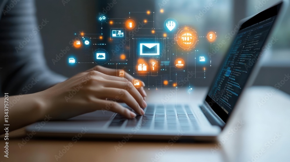 Poster a person working on a laptop with digital icons representing communication and technology floating a