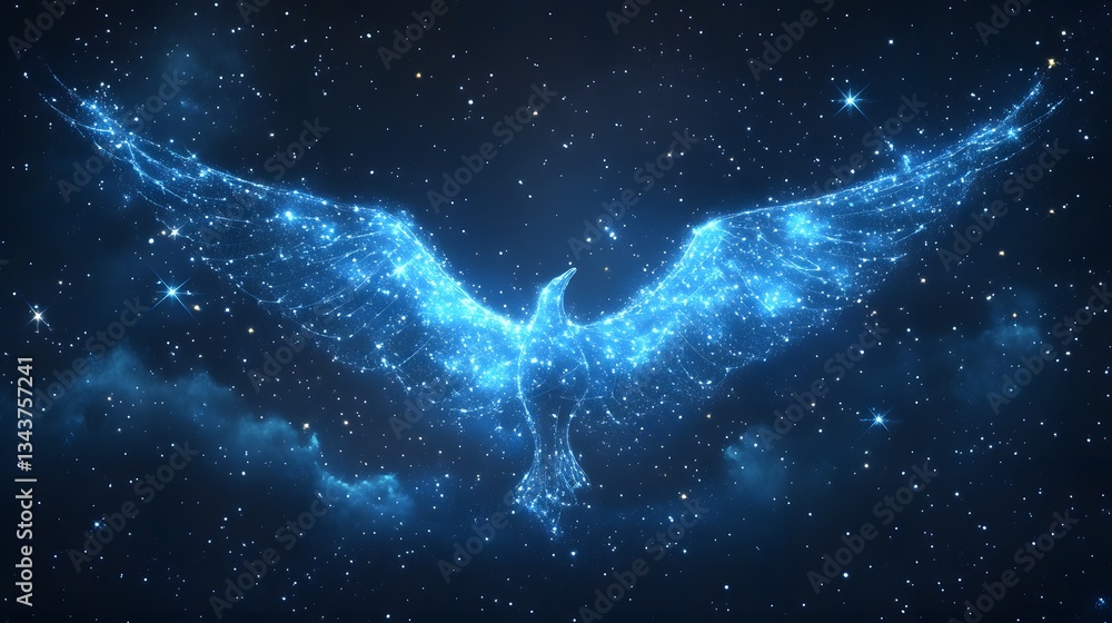 Poster a digital art depicting a bird-like creature formed from constellations and nebulae in space. animal