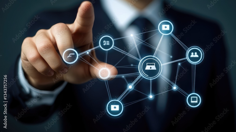 Poster businessman interacting with digital network interface, showcasing technology and connectivity in a 