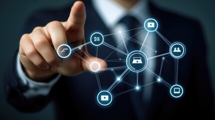 Businessman interacting with digital network interface, showcasing technology and connectivity in a modern office