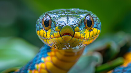 Obraz premium Snake against green vegetation. Unblinking piercing gaze. Close-up of head. Dangerous poisonous reptile. Fear, threat to life. Close-up. Copy space for text.