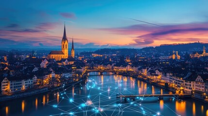 Obraz premium A breathtaking sunset view of a city skyline with a river, showcasing illuminated buildings and a church tower