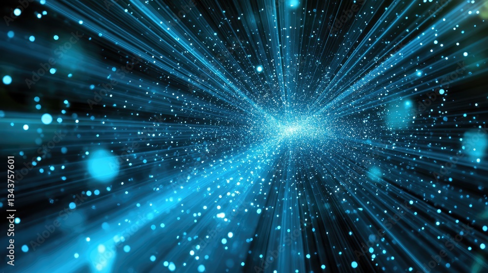 Poster abstract representation of light beams and particles creating a dynamic, futuristic atmosphere
