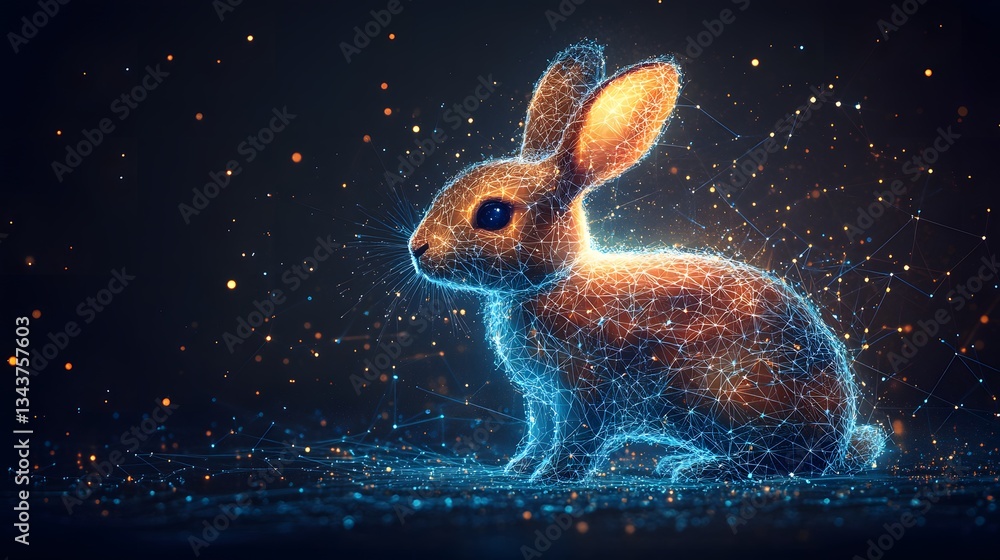 Poster a captivating digital artwork depicting a rabbit rendered in a stunning polygonal style, illuminated