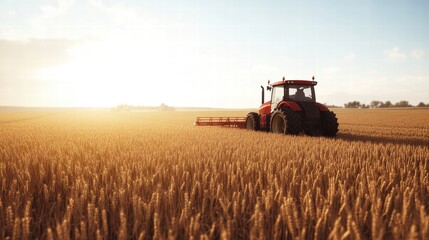Obraz premium a tractor in the middle of a vast wheat field, quiet and sunrise atmosphere