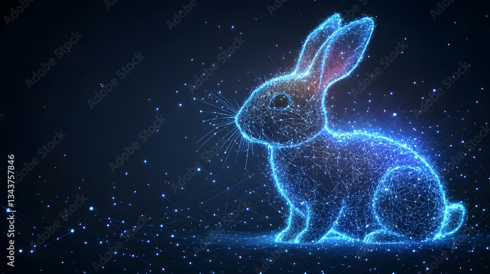 Poster a digital art depiction of a rabbit, illuminated with glowing blue lines and dots. animal star const