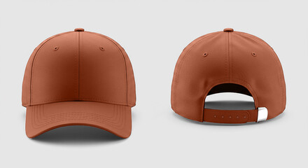 Brown Baseball caps mockup on a grey background, front and back side