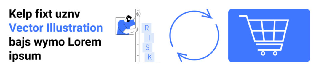 Man scaling letters forming risk, circular arrows showing the cycle, shopping cart symbolizing e-commerce. Ideal for risk management, workflow strategy, e-commerce, sustainability, business flow
