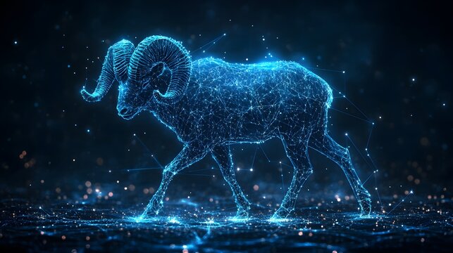 Glowing ram, digital art, blue tones, constellation effect. Mystical, powerful creature. Animal star constellation. Sky zodiac horoscope background