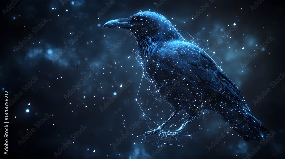 Poster digital artwork depicting a celestial raven in a cosmic background. mysterious and visually stunning