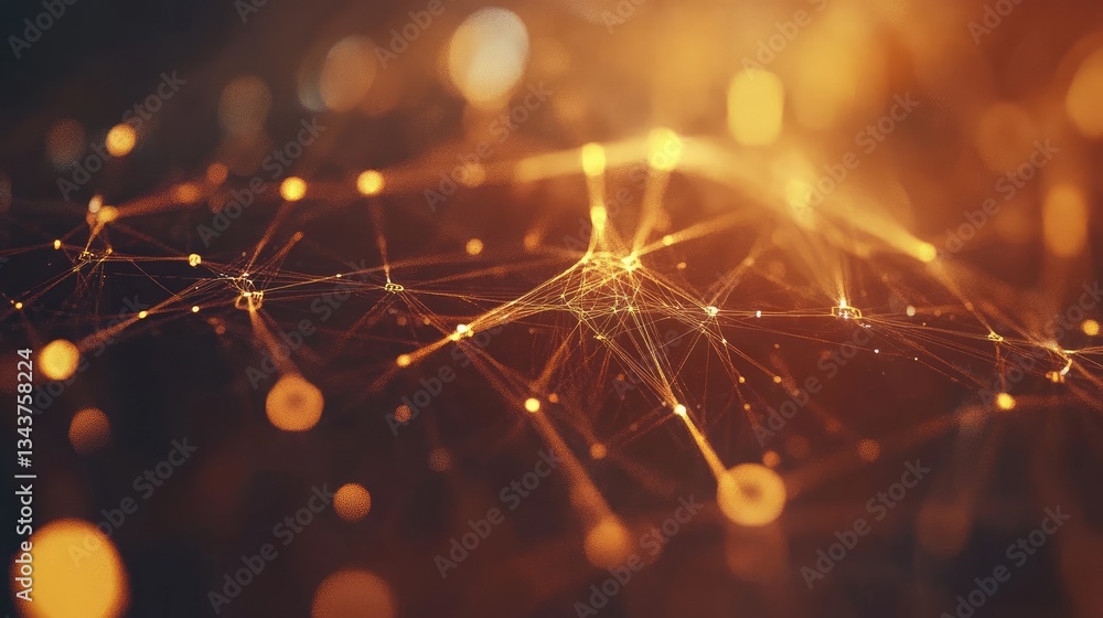 Poster abstract representation of interconnected nodes and lines glowing in warm tones, suggesting digital 