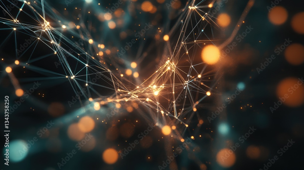Poster abstract representation of interconnected nodes and glowing particles, creating a dynamic digital ne