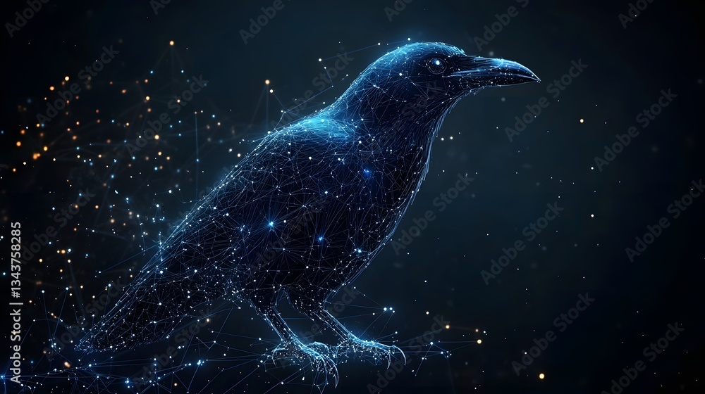 Poster A digital rendering of a raven, its form composed of glowing lines and dots, resembling a constellation against a dark background. Animal star constellation. Sky zodiac horoscope background