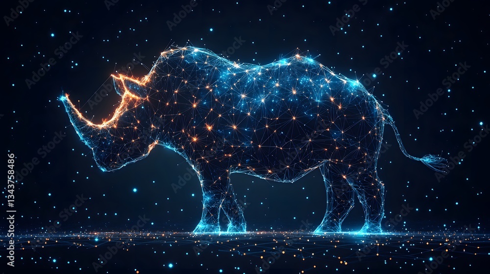 Poster digital art of a rhino formed by glowing points of light against a starry background. abstract, cosm
