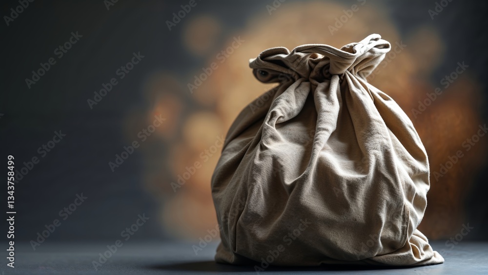 Poster fabric pouch resting on a dark surface with soft lights in the background creating a warm atmosphere