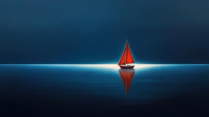 Photograph of a small sailboat with a red sail. the boat is sailing on the calm waters of the ocean, with the horizon visible in the background.