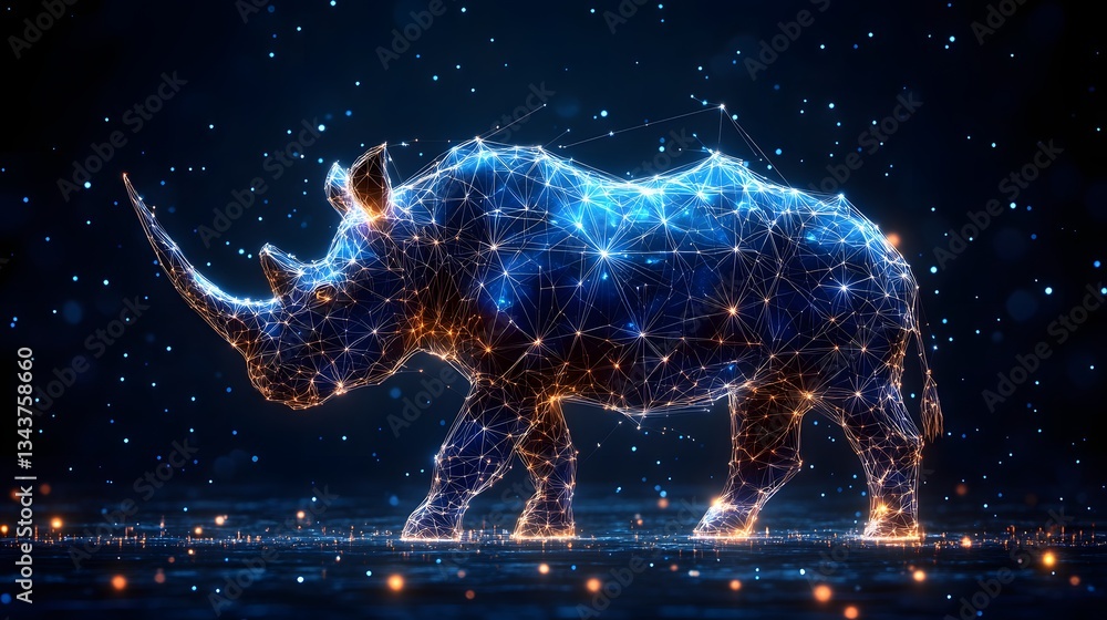 Poster a stunning digital rhino artwork, glowing with lines and points of light against a dark background. 