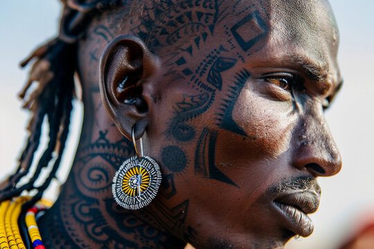Close-Up Portrait of Native African Shaman with Tribal Face Paint and Feathered Headdress, Generative AI