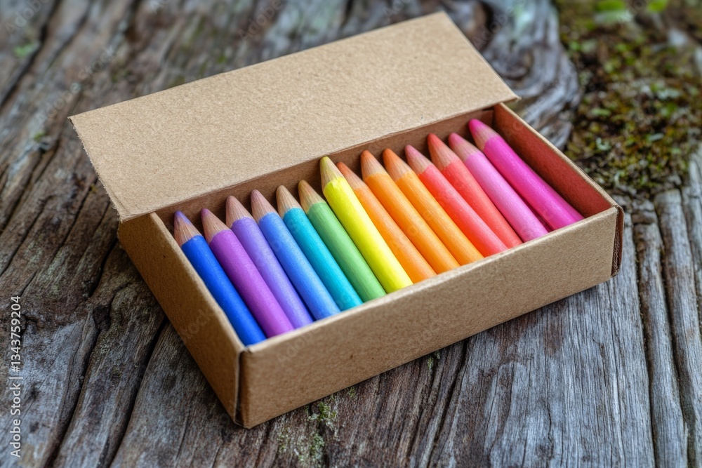 Poster assorted colored pencils in a cardboard box on textured wooden surface
