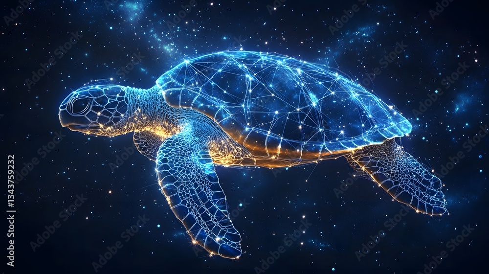 Poster a mesmerizing digital artwork of a sea turtle, rendered with glowing lines and points, set against a