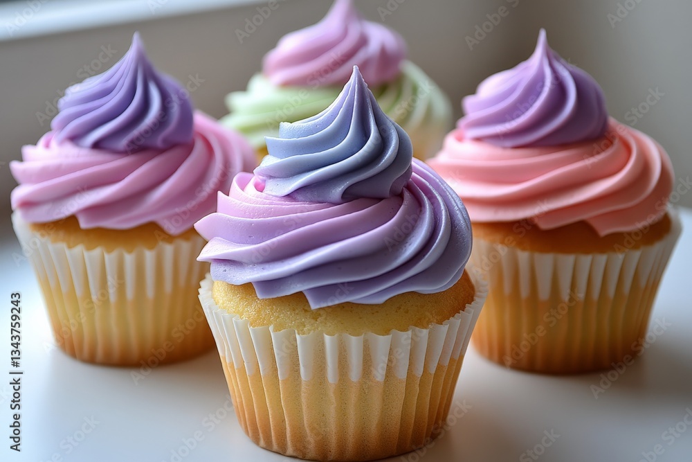 Poster colorful cupcakes with swirled frosting displayed on a white surface and brightened by natural light