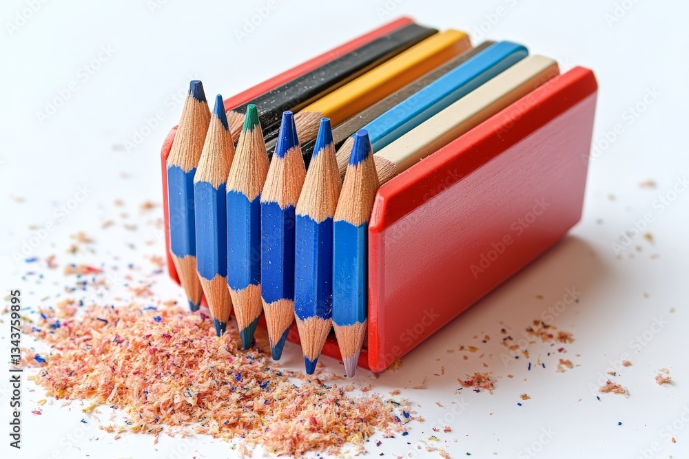 Poster pencil colors arranged in a box with shavings scattered on the surface