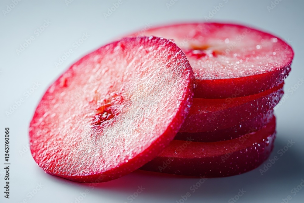Poster vibrantly sliced red apples arranged in a stacked formation on a light background showcasing freshne
