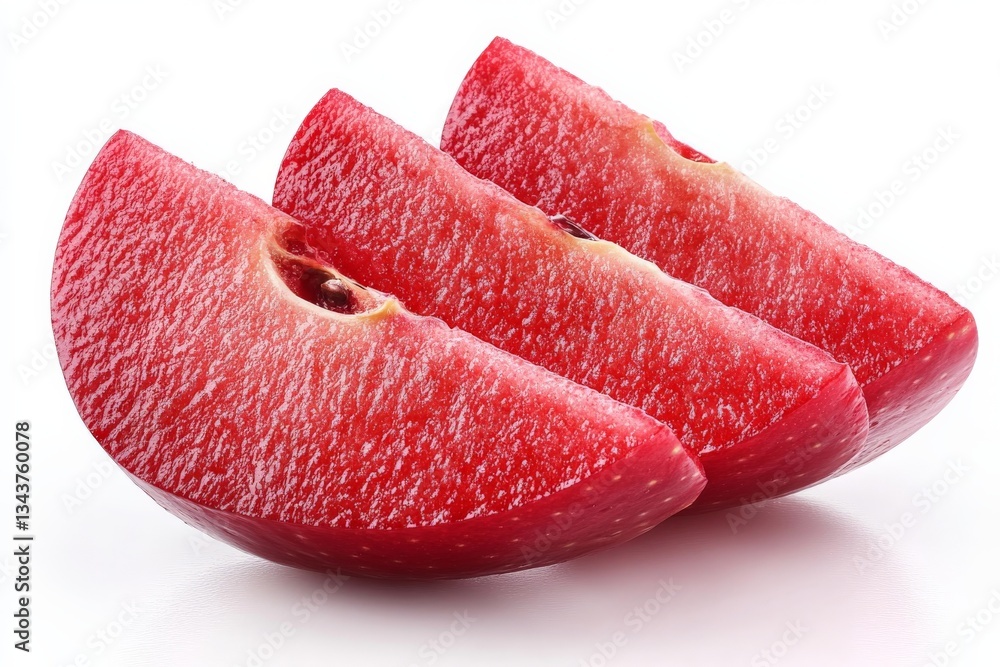 Poster Freshly sliced red apples displayed in vibrant colors on a clean white background highlighting their freshness and texture