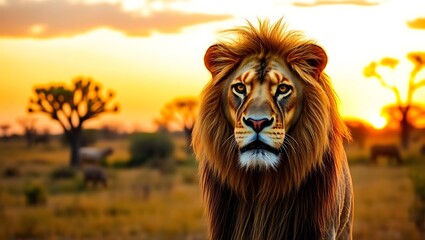 Fototapeta premium Majestic Roaring Lion in the African Savanna at Dusk