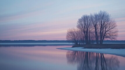 Fototapeta premium Serene Winter Landscape with Trees and Calm River at Dusk