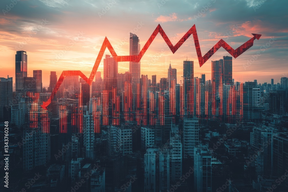 Poster city skyline during sunset with a dynamic growth chart overlay indicating increasing trends in busin