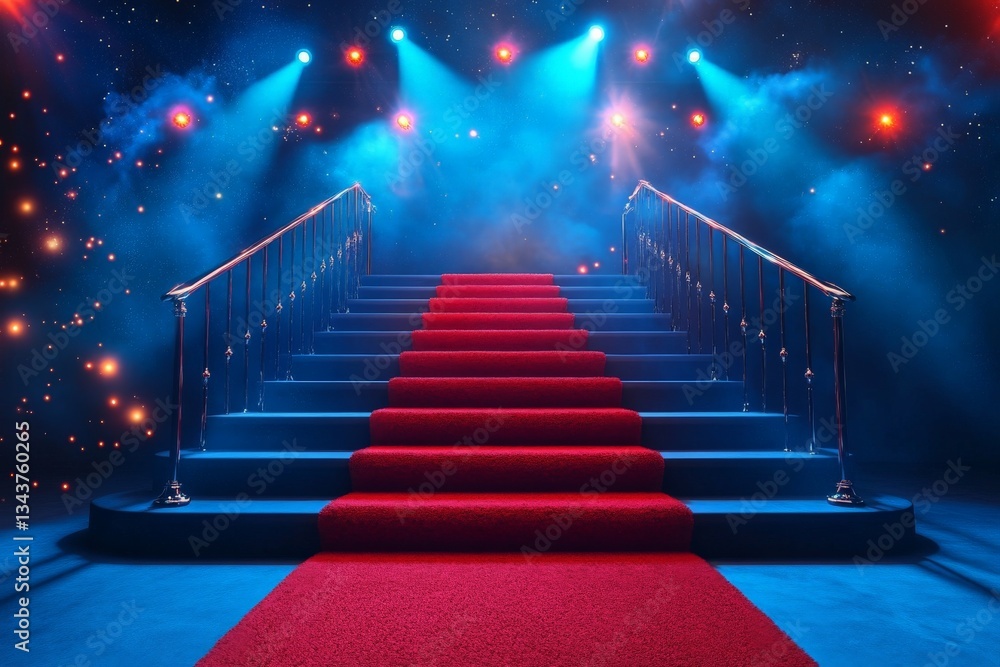 Poster Bright stage with red carpet and illuminated staircase creating an inviting atmosphere for an upcoming event