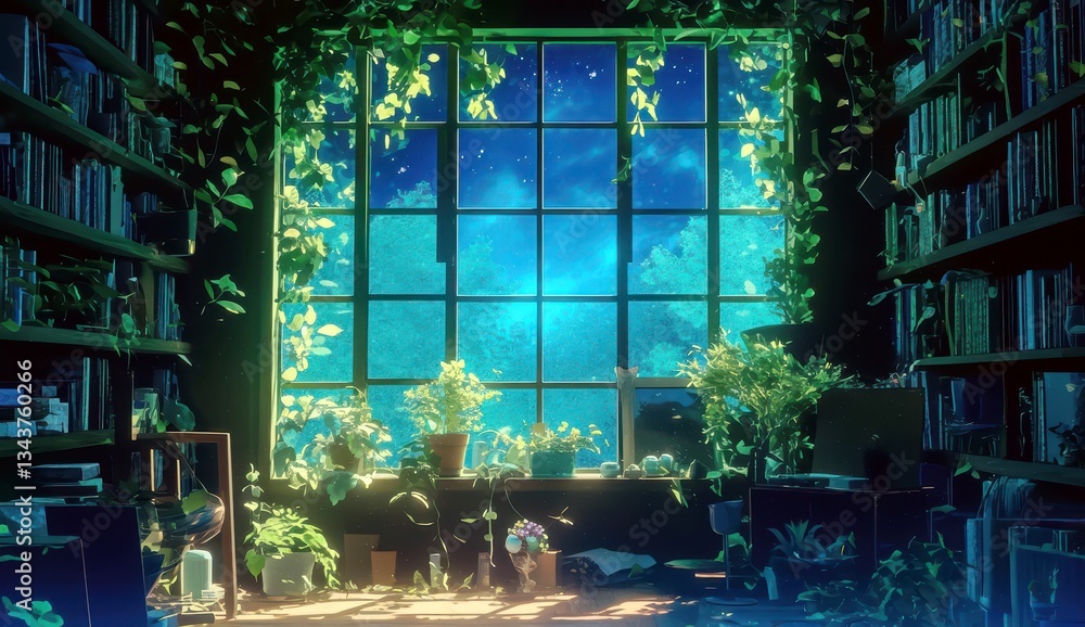 Poster serene library with abundant greenery and a starry night sky visible through a large window in an en