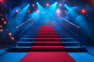 Bright stage with red carpet and illuminated staircase creating an inviting atmosphere for an upcoming event