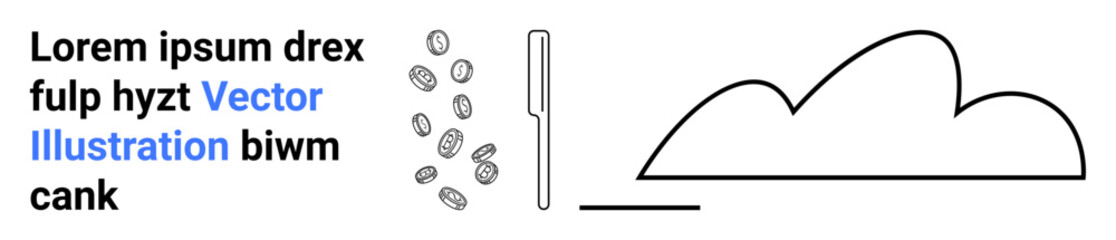 Coins falling near a vertical line and cloud outline conveying finance, technology, and abstract themes. Ideal for finance, savings, investment, tech innovation, strategy, cloud storage simple