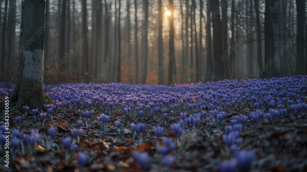 Poster a breathtaking view reveals a vast field of purple crocuses blanketing the forest floor, illuminated
