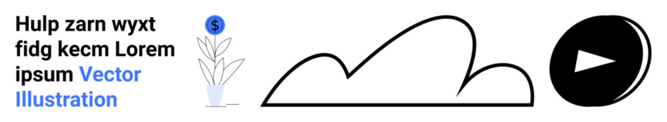 Play button alongside abstract cloud outline, decorative plant stem, and placeholder text. Ideal for technology, creativity, communication, media, minimalism, branding simple landing page