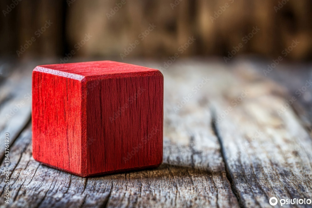 Poster Bright red wooden cube resting on rustic wooden surface in natural light creating an inviting atmosphere