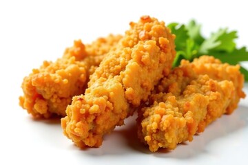 Crispy fried chicken strips isolated on white , greasy, strips, delivery