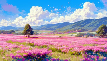 Obraz premium Serene Landscape of Vibrant Pink Flowers Under a Blue Sky with Fluffy Clouds and Rolling Green Hills in a Rural Setting