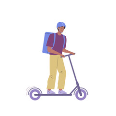 Courier delivering parcel riding electric scooter. Young man in helmet with delivery box on his back. Cartoon flat vector illustration